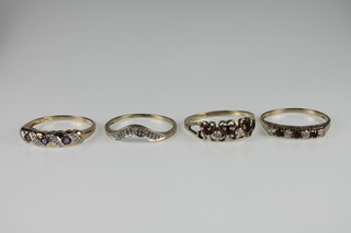 3 9ct and 1 10ct gold gem set rings, sizes M 1/2, O 1/2, P and P 1/2 
