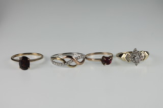 4 gold gem set rings, sizes P, N, N 1/2 and O 1/2