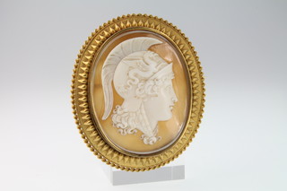 A Victorian Etruscan style portrait cameo brooch of a warrior, cracked
