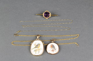 2 9ct gold pendants, a 10ct gold chain, an amethyst and gold bar brooch and a gilt chain