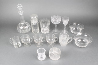 An Edwardian mallet shaped decanter 10", minor Victorian and later glassware 