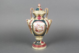 An early 20th Century Continental oviform vase and cover decorated with figures in an interior scene 10" 