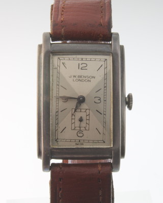 A gentleman's silver 1920's style wristwatch with seconds at 6 o'clock inscribed J W Benson Birmingham 1947.