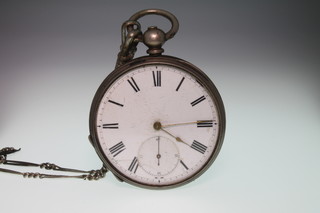 A gentleman's silver cased key wind fob watch on a plated Albert