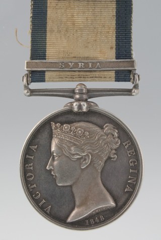 An 1848 Naval General Service medal with Syria bar to Edwd. Garthwaite together with entry paper dated 1839 and entry details to HMS Revenge also dated 1839-1847 together with original box and tins