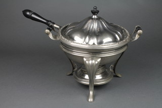A silver plated 2 handled breakfast warmer with ceramic liner and ebony handle