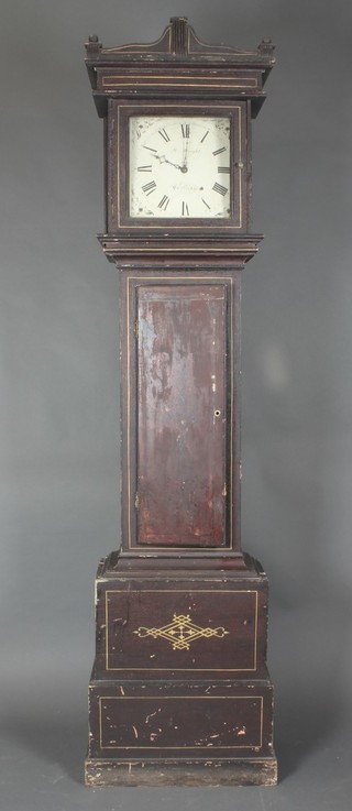 M Wright of Cambridge, an 18th Century 30 hour longcase clock with square dial and Roman numerals, contained in a painted pine case 83"h x 
