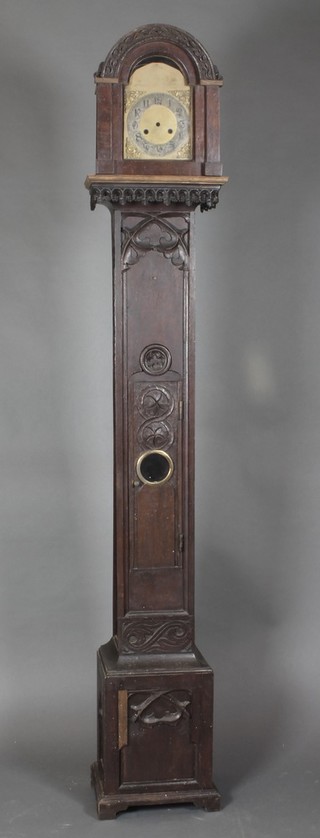 A Gothic style carved oak longcase clock trunk, the arched hood with aperture for a 6 1/2" x 9 1/2" dial, 76"h  