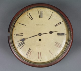 A Victorian fusee wall clock with 12" painted dial and Roman numerals, inscribed Russell Halifax, contained in a circular mahogany case 