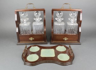 Two modern 2 bottle tantalus containing a pair of Royal Brierley square spirit decanters and a similar tray 