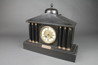 A French 19th Century 8 day striking mantel clock with enamelled dial and Roman numerals contained in a black marble architectural case 