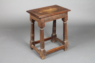 A rectangular oak joint stool, raised on turned and block supports 21"h x 17"w x 12"d 