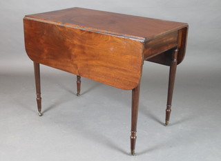 A Gillows style mahogany Pembroke table fitted a drawer, raised on turned and reeded supports, brass caps and castors 28" 1/2"h x 19" when closed x 41 1/2" when open x 36"l