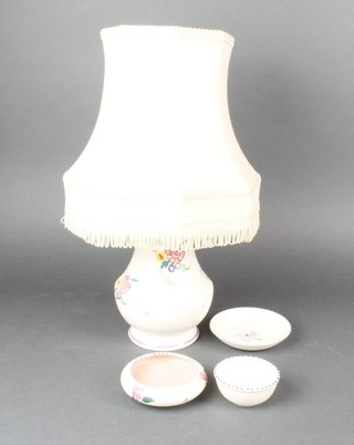 A 1960's Poole shallow dish decorated with flowers 4 1/2", 2 bowls and a ditto table lamp 
