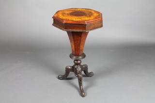 A Victorian octagonal inlaid walnut work box of conical form, raised on carved cabriole supports 27"h x 16"w x 16"d  