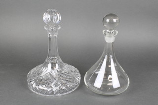 A cut glass ships decanter with bulbous stopper 10", a plain glass ditto 
