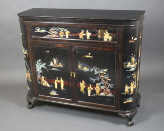 A 1930's Chinese black lacquered and inlaid hard stone cocktail cabinet, the hinged lid revealing a fitted interior, having a cupboard to the side and front enclosed by panelled doors, raised on carved supports 42"h x 48"w x 17"d 