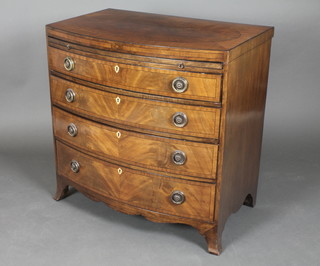 A Sheraton revival bow front, inlaid mahogany chest, fitted a brushing slide above 4 long graduated drawers with shield shaped ivory escutcheons, raised on splayed bracket feet 33"h x 33"w x 21"d 