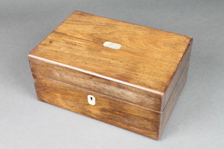 A Victorian rectangular rosewood trinket box with hinged lid and mother of pearl escutcheon 5"h x 11"w x 7 1/2"d 