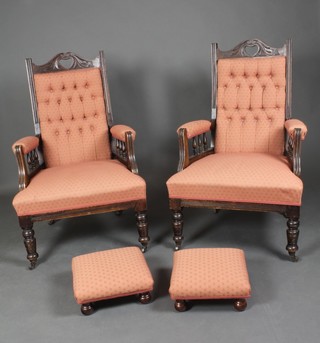 A pair of Edwardian carved walnut show frame armchairs with bobbin turned decoration raised on turned supports, upholstered in terracotta coloured material, together with a pair of later square mahogany stools on bun feet 