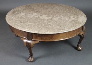 A circular Queen Anne style walnut occasional table with marble top, raised on cabriole supports 15"h x 37" diam. 