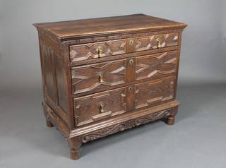 A 17th/18th Century Continental carved oak chest of 3 long drawers with geometric moulding to the front, raised on a later associated base 34"h x 38"w x 23"d 
