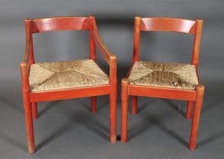 Jasper Conran, a red lacquered open arm chair with woven rush seat, together with a standard chair