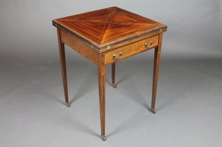 An Edwardian inlaid mahogany envelope card table with crossbanded top, fitted a drawer and raised on square tapering supports 29"h x 22"w x 22"d 