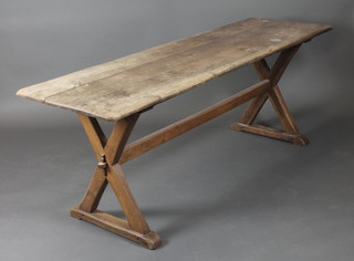 A Puginesque Arts & Crafts elm refectory dining table with 3 plank top, raised on X framed supports with H framed stretcher 28"h x 77 1/2"l x 24"w 