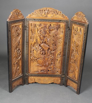 A Chinese hardwood 3 fold fire screen carved figures 37"h x 37 1/2"w  