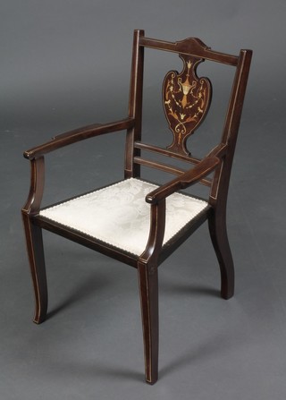 A Victorian inlaid rosewood childs open arm elbow chair with urn shaped slat back and upholstered seat, raised on square tapering supports