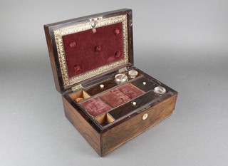 A Victorian inlaid rosewood and mother of pearl vanity box with fitted interior containing 3 bottles 5"h x 12"w x 8 1/2"d 