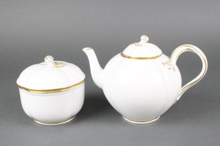 An early 20th Century Meissen bulbous teapot with floral finial and floral entwined handle 7", a ditto sucrier and cover 