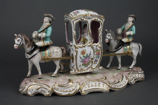 An Achille Bloch porcelain figure group in the form of a lady seated in a Sedan chair complete with bearers on horseback 7"h 