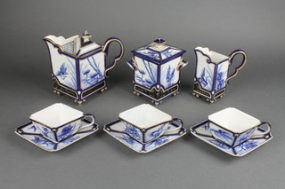 A stylish Royal Worcester secessionist inspired coffee set comprising an angular teapot, cream jug, sugar bowl and cover, 3 cups and 3 saucers, decorated with stylised birds amongst flowers 