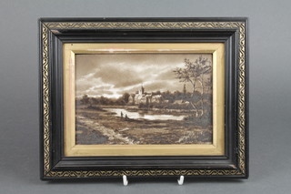 A 19th Century painted porcelain panel decorated a view of Fordingbridge, framed