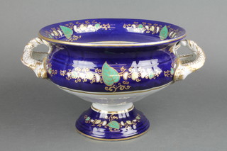 A 19th Century 2 handled tureen with serpent handles, the blue ground with floral and gilt decoration 14" 