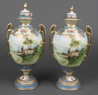 A pair Japanese Noritake porcelain twin handled urns and covers of ovoid form decorated landscape, raised on circular spreading feet 9"h 