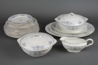 A Maddocks dinner service comprising 2 tureens and covers, sauce boat, 6 side plates, 6 medium plates, 6 dinner plates and 3 serving plates 