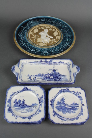 A Royal Doulton Norfolk pattern sandwich set comprising a 2 handled dish and 5 plates, a Continental Majolica plate