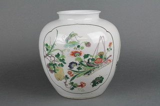A good  famille verte baluster vase decorated with panels of grasshoppers, frogs, butterflies and insects amongst flowers, with a 6 character Kangxi mark to base  10" 