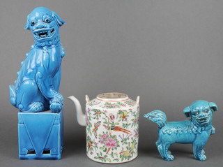 A Chinese turquoise glazed figure of a standing shi shi 6", a ditto on a raised base 12" and a famille rose teapot 