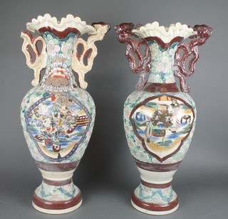 A pair of mid 20th Century Satsuma oviform 2 handled vases decorated with panels of figures amongst flowers 25" 