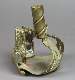 An Art Nouveau style gilt metal chamber stick incorporating a pierced match box 6" 