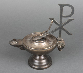 A classical style bronze oil lamp decorated Mary's Prayer, the finial in the form of a dove