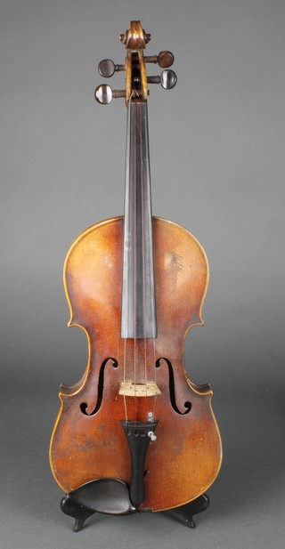 A 19th Century violin with 2 piece back 14 1/2", labelled Lowendahl Dresden complete with 2 bows and carrying case 
