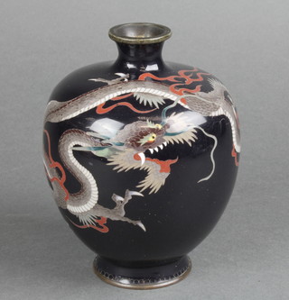 A Japanese black ground cloisonne enamelled vase decorated a dragon 4 1/2"  