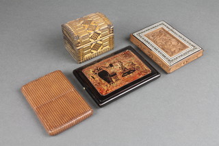 A dome shaped straw work box 2"h x 32w x 2"d, a carved Indian hardwood card case, a leather card case and a rectangular Chinese lacquered card case 