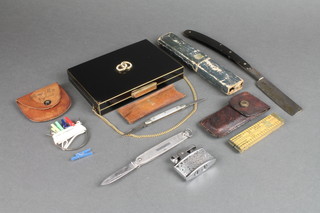 A lady's French Art Deco rectangular enamelled compact/make up box, a cut throat razor, a Hockley Abbey no.1150 11" folding gauge and various other curios  