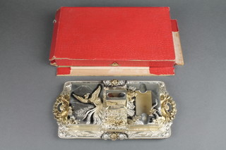 A 1950's Japanese antimony smoker's set comprising twin handled tray, cigarette box, ashtray and match striker 